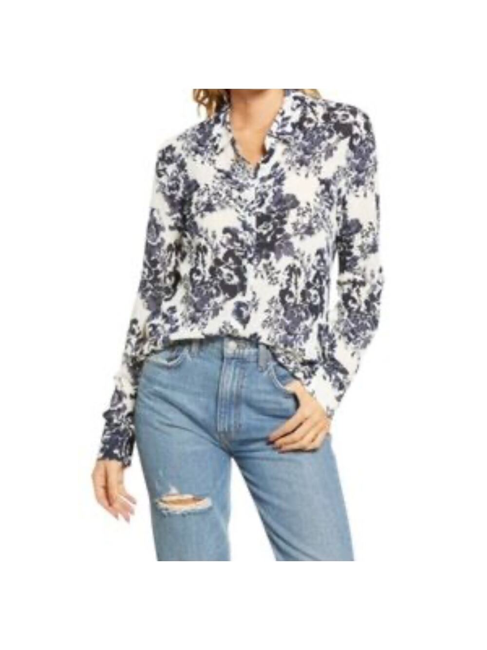Reformation Violet Blouse Women XL Navy Madame Floral Long Sleeve Button Down